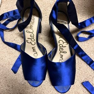 Sam Edelman Odele Ankle Wrap Block Heel Navy Satin Heels Sandals size 9.5